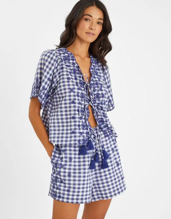 GINGHAM EMBROIDERED TIE TOP BLUE