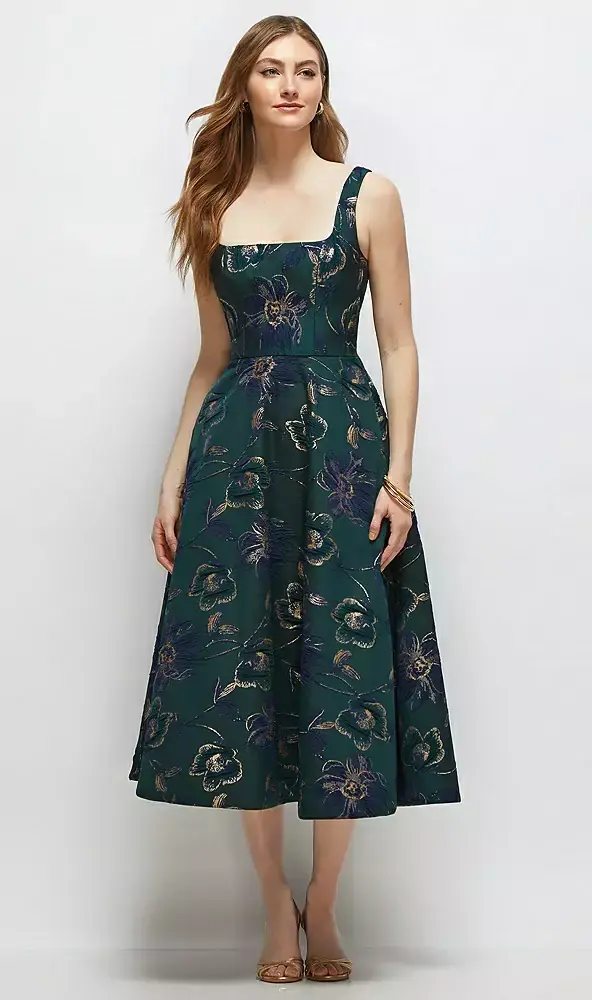 SQUARE NECK OSCAR METALLIC FLORAL JACQUARD MIDI DRESS IN EVERGREEN FLORAL