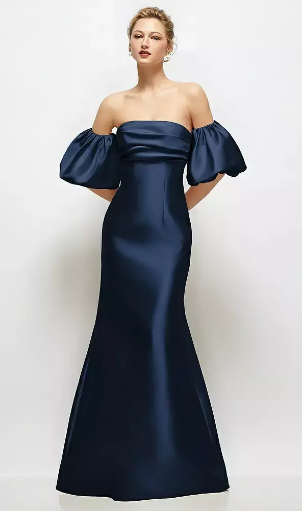 OFF-THE-SHOULDER PUFF SLEEVE SATIN MAXI DRESS WITH FLARED SKIRT IN MIDNIGHT NAVY