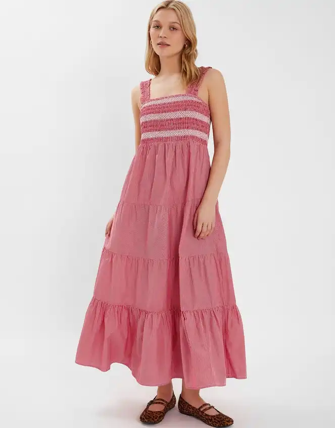 STRIPE SMOCKED MAXI DRESS RED
